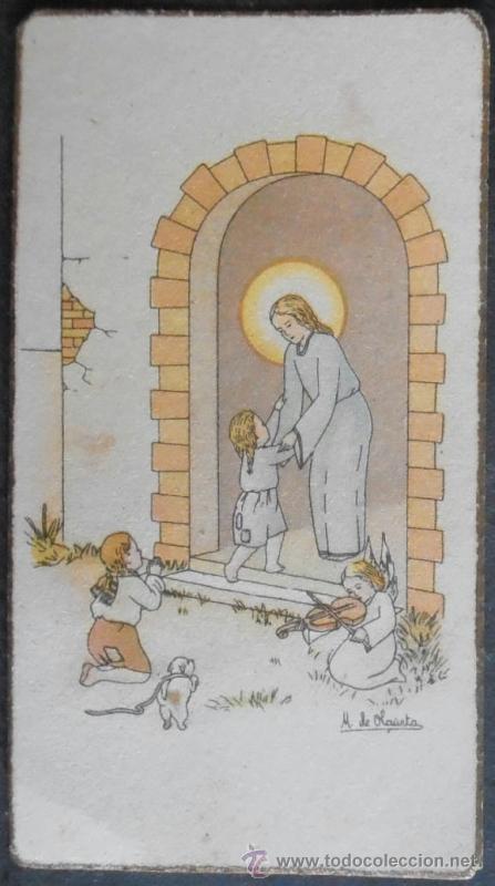 Antig&uuml;edades: (0207)ESTAMPA 9X5 CM APROX,JESUS,ANGELES Y NI&Ntilde;O,1949,CONSERVACION: