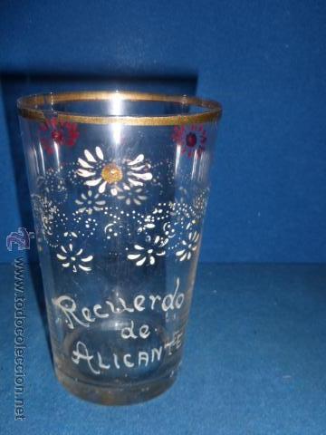 Antiquit&eacute;s: ANTIGUO VASO DE CRISTAL PINTADO A MANO CON INSCRIPCION, RECUERDO DE ALICANTE