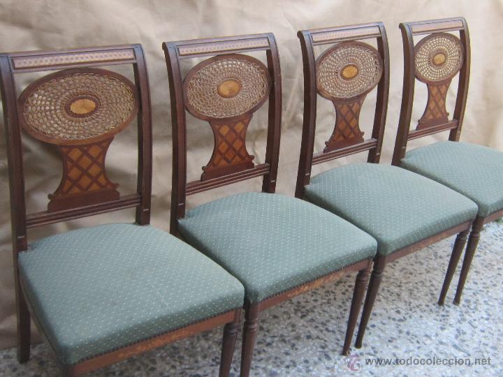Antig&uuml;edades: 4 sillas con marqueteria de nogal - Foto 1