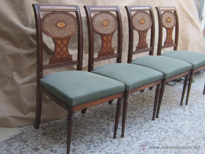 Antig&uuml;edades: 4 sillas con marqueteria de nogal - Foto 2