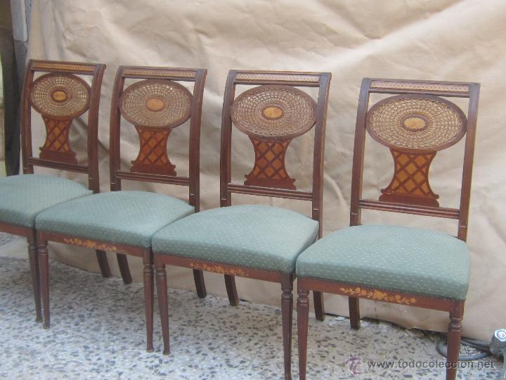 Antig&uuml;edades: 4 sillas con marqueteria de nogal - Foto 3