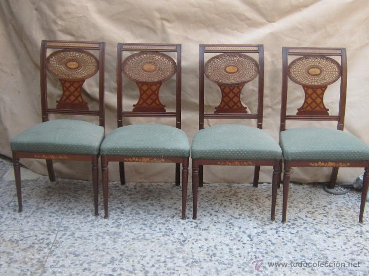 Antig&uuml;edades: 4 sillas con marqueteria de nogal - Foto 4