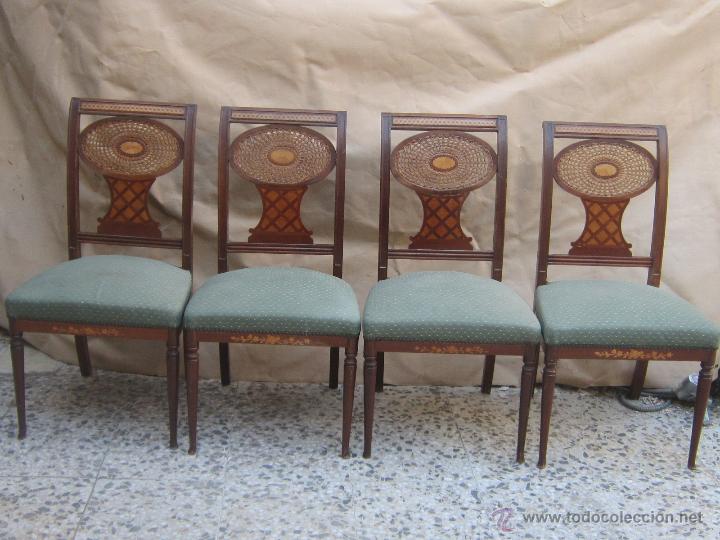 Antig&uuml;edades: 4 sillas con marqueteria de nogal - Foto 5