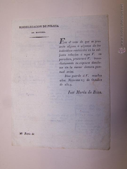 Antig&uuml;edades: Subdelegaci&oacute;n Policia Manresa. Orden captura. 13 de octubre de 1825
