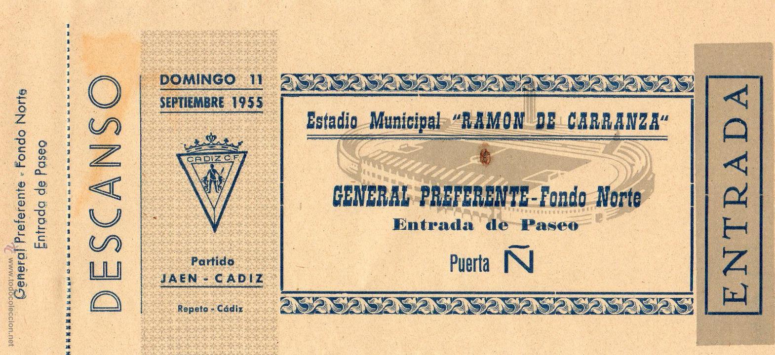 Antiquit&auml;ten: ENTRADA DE FUTBOL. Ja&eacute;n-C&aacute;diz. Estadio Municipal Ram&oacute;n de Carranza. Preferente-Fondo Norte. 1955.