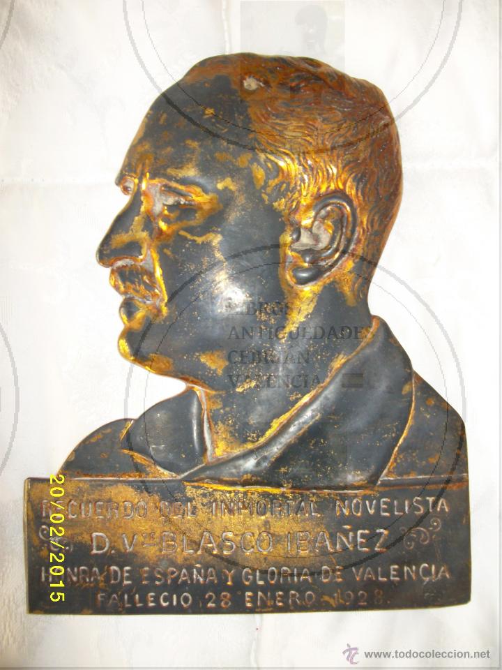 Antiquit&eacute;s: VICENTE BLASCO IBA&Ntilde;EZ- PLACA BRONCE CONMEMORATIVA- FALLECIO 28 DE ENERO 1928