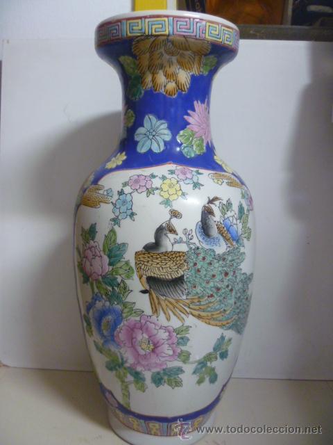 Antigüedades: Precioso gran jarron chino 41 cm - Pintado a mano con pavos reales y flores - sello en base - Foto 1 - 49606363