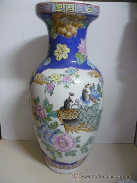 Antigüedades: Precioso gran jarron chino 41 cm - Pintado a mano con pavos reales y flores - sello en base - Foto 4 - 49606363