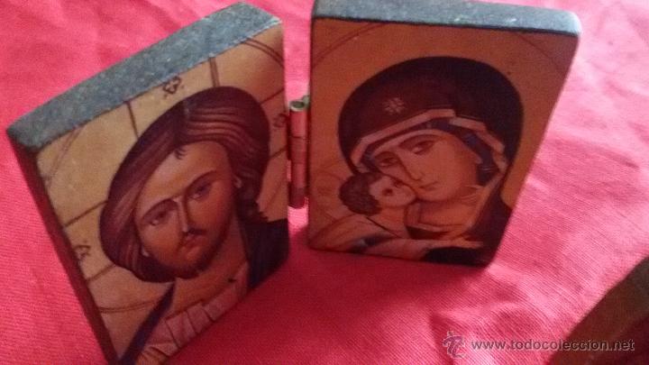 Antig&uuml;edades: DOS D&Iacute;PTICOS PEQUE&Ntilde;OS DE MADERA CON IM&Aacute;GENES RELIGIOSAS - Foto 3