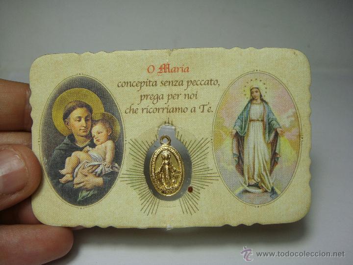Antig&uuml;edades: Antiguo Recordatorio Religioso con Medalla. La Milagrosa y San Antonio de Padua.