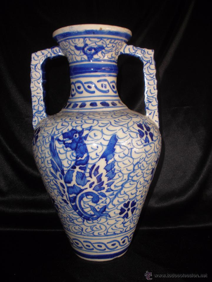 Antigüedades: Hermosa Orza anfora jarra jarron Manises en cerámica con león rampante 26 cm azul y blanco - Foto 1 - 169397866