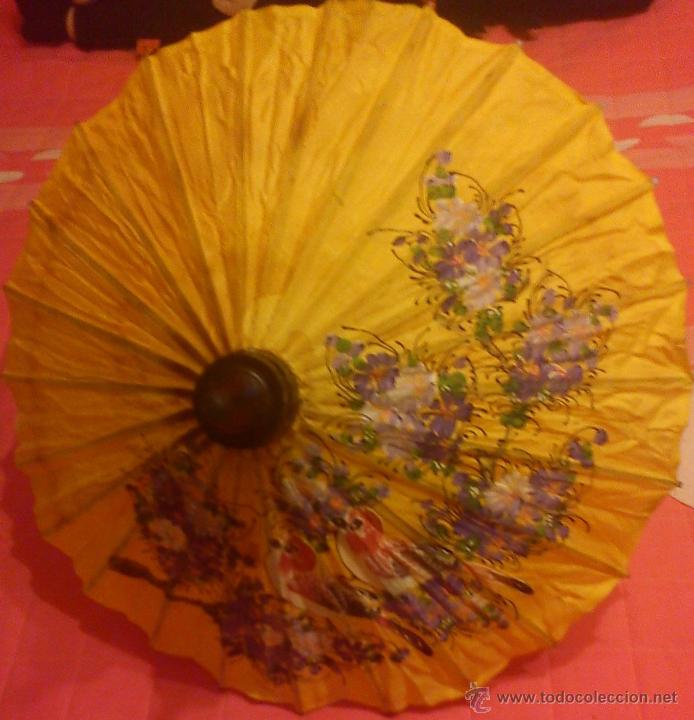 Antigüedades: Paraguas chino pintado a mano de color amarillo - Foto 4 - 50986781