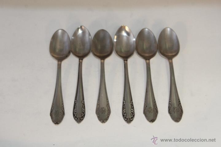 Antig&uuml;edades: 6 CUCHARAS POSTRE EN ALPACA PLATEADA - Foto 1