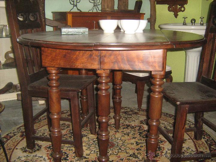 Antig&uuml;edades: Mesa antigua de comedor redonda con alas y extensible - Foto 2