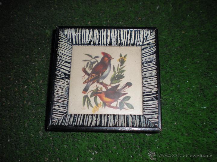 Antiquit&eacute;s: Peque&ntilde;a litograf&iacute;a de p&aacute;jaros con marco 9x9cm