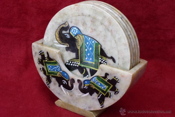 Antiquit&eacute;s: SOPORTE DE MARMOL CON 5 POSA VASOS PINTADO A MANO SOPORTE 10CM POSAVASO 9CM.