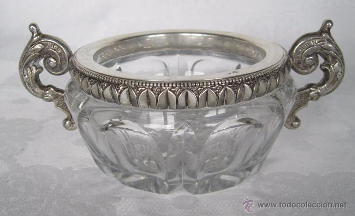 Antig&uuml;edades: Preciosa fuente peque&ntilde;a de cristal con asas de plata