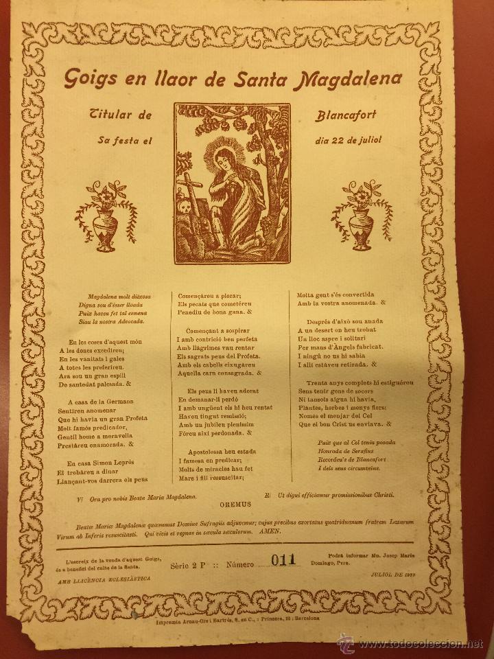 Oggetti Antichi: goigs - gozos de SANTA MAGDALENA, Blancfort. Muy curioso. Numerado. Num 011 ,a&ntilde;o 1929