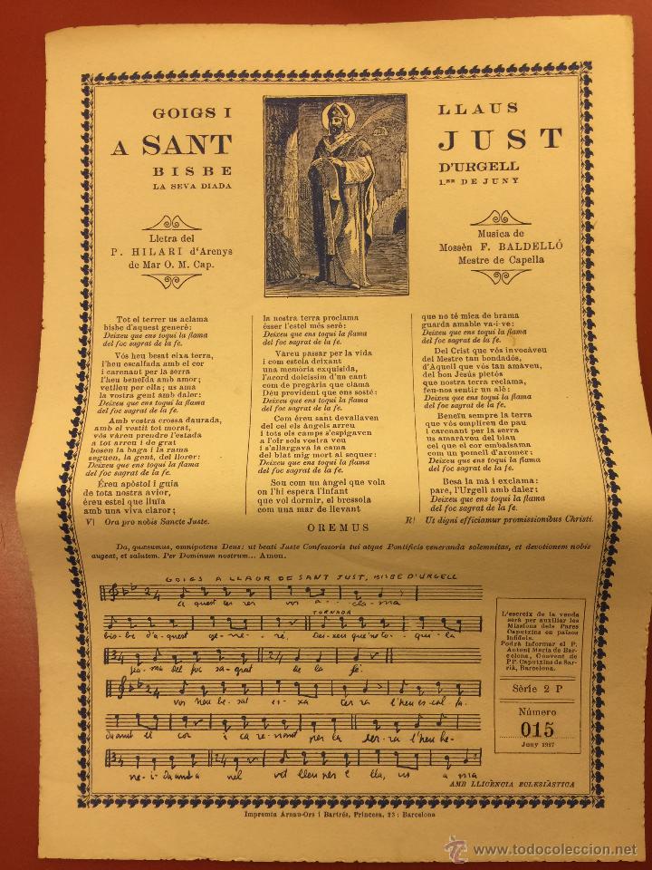 Oggetti Antichi: goigs - gozos de SANT JUST, bisbe d'urgell. Muy curioso. Numerado. Num 015 ,a&ntilde;o 1927