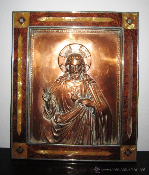 Antig&uuml;edades: CUADRO SAGRADO CORAZ&Oacute;N DE COBRE, CON MARCO DE &Eacute;POCA - Foto 2