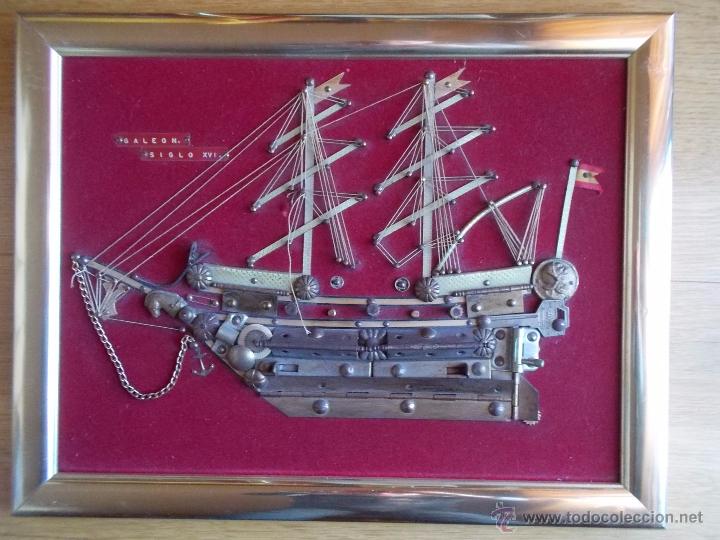 Antiques: CUADRO ANTIGUO BARCO GALEON SIGLO XVI HECHO CON RECICLADOS METALICOS