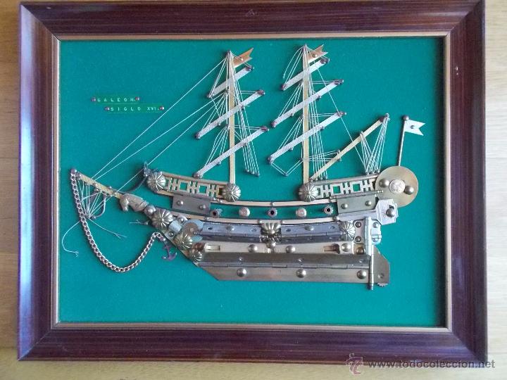 Antiques: CUADRO ANTIGUO DE BARCO GALEON SIGLO XVI HECHO CON RECICLADOS METALICOS