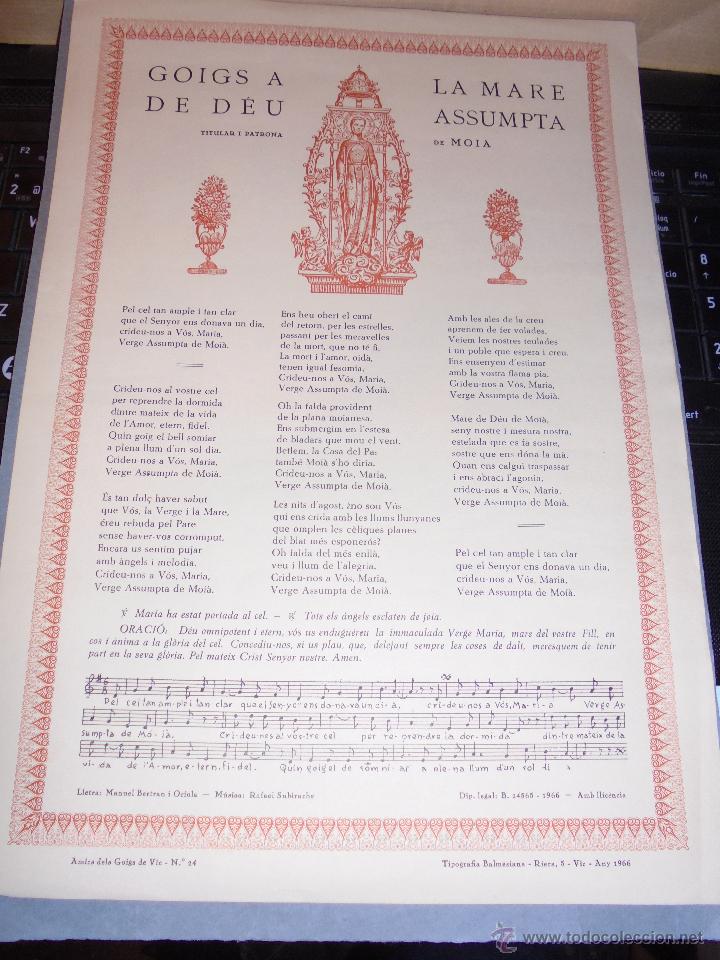 Antiques: MOIA - GOIGS A LA MARE DE D&Eacute;U ASSUMPTA , TITULAR I PATRONA DE MOIA 1966 TIPOG. BALMESIANA VIC