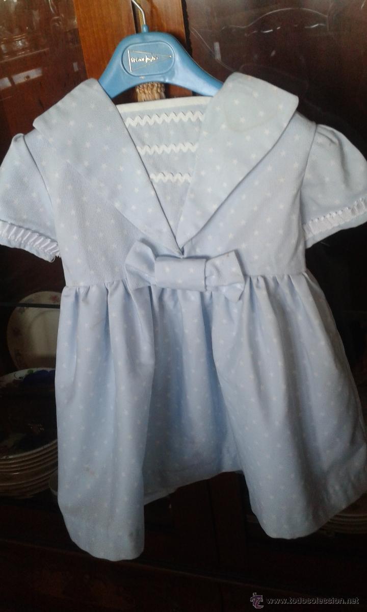 Antig&uuml;edades: VESTIDO DE NI&Ntilde;A DE PIQU&Eacute; CELESTE Y ESTRELLITAS BLANCAS. - Foto 2