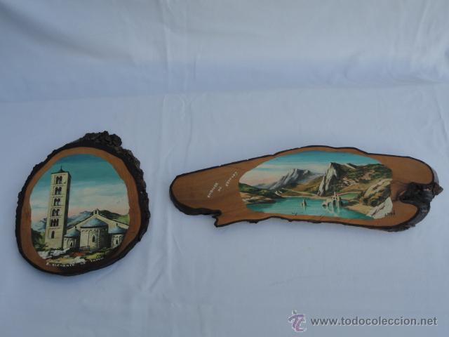 Antiguidades: 2 ADORNOS RECUERDOS A&Ntilde;OS 60-70. MADERA. S. CLEMENTE DE TAHULL Y EMBALSE DE ESCALES.