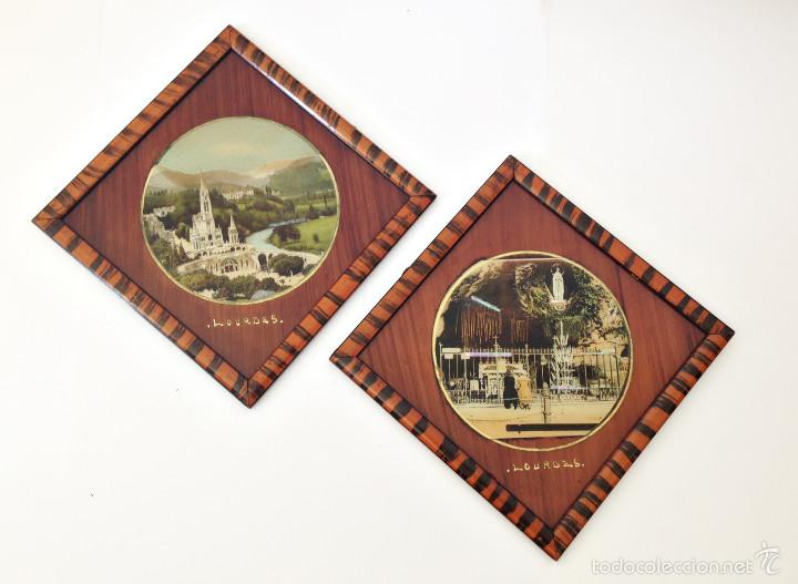 Antiquit&eacute;s: Pareja de Cuadros Souvenir Basilica De Lourdes - Francia Ca. 1915