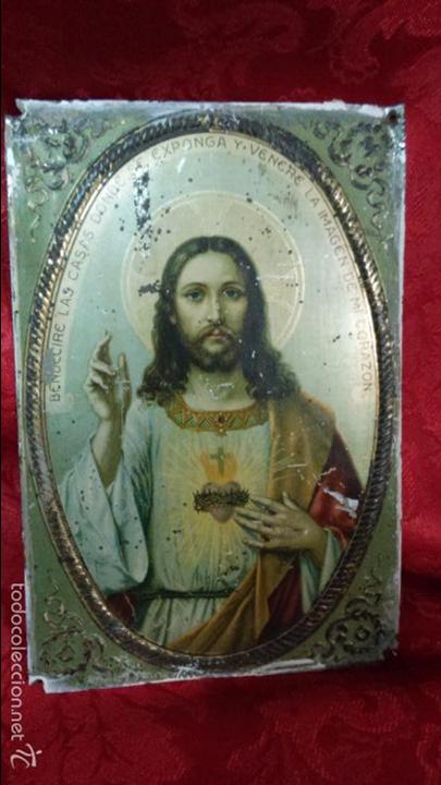 Antig&uuml;edades: PLACA DE LATON CON IMAGEN DEL SAGRADO CORAZON - Foto 2
