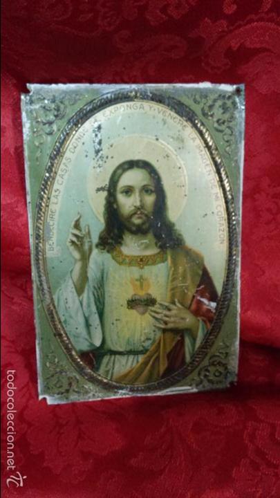 Antig&uuml;edades: PLACA DE LATON CON IMAGEN DEL SAGRADO CORAZON - Foto 3