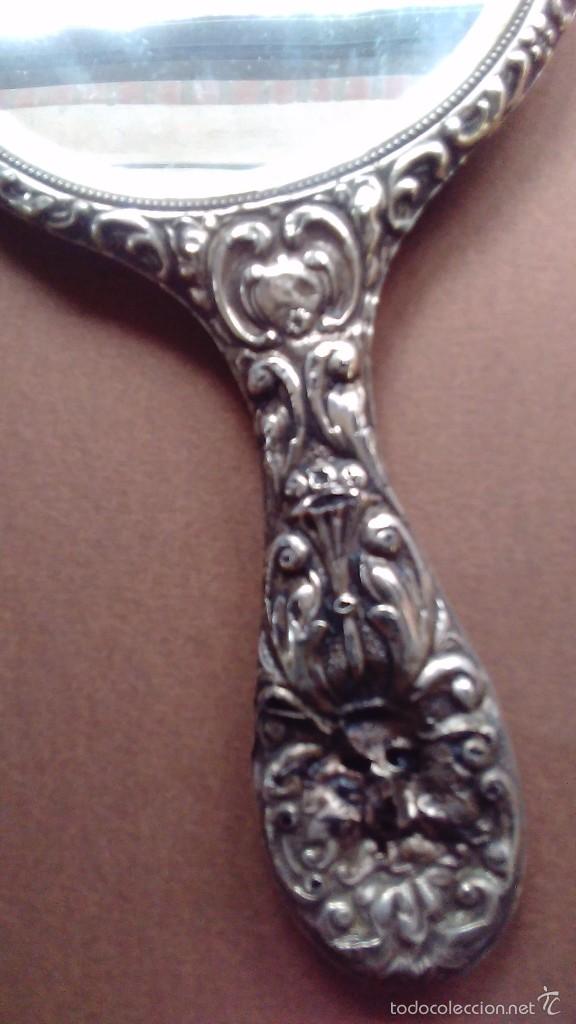 Antig&uuml;edades: Espejo de mano de plata con el espejo biselado. S XIX - Foto 3