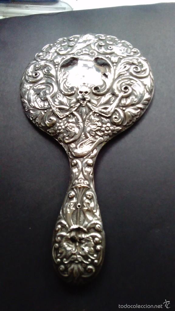 Antig&uuml;edades: Espejo de mano de plata con el espejo biselado. S XIX - Foto 5