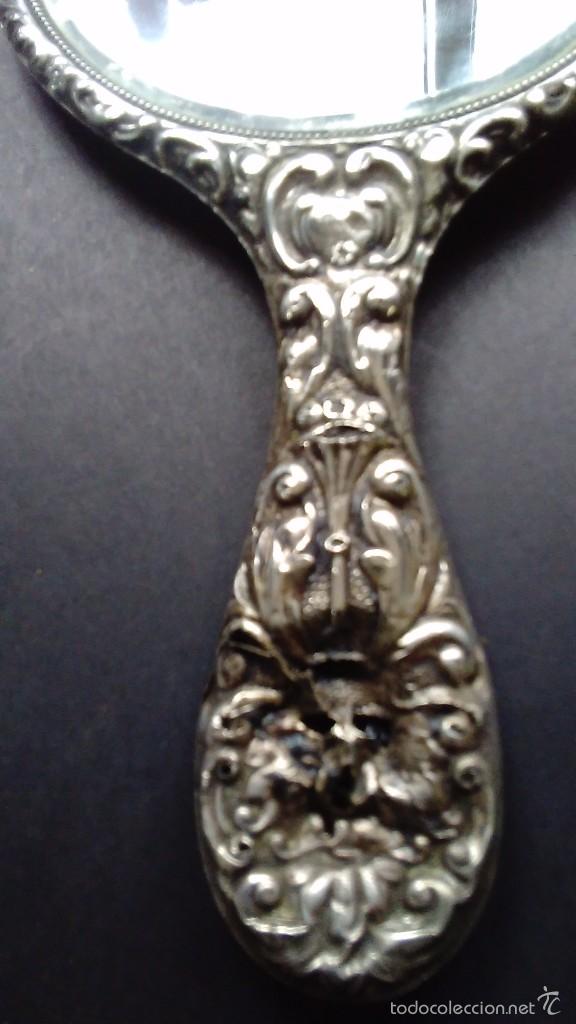Antig&uuml;edades: Espejo de mano de plata con el espejo biselado. S XIX - Foto 7
