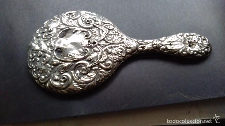 Antig&uuml;edades: Espejo de mano de plata con el espejo biselado. S XIX - Foto 9