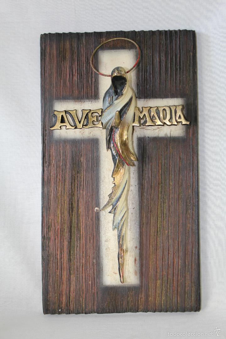 Antig&uuml;edades: cruz ave maria en bronce y madera - Foto 1