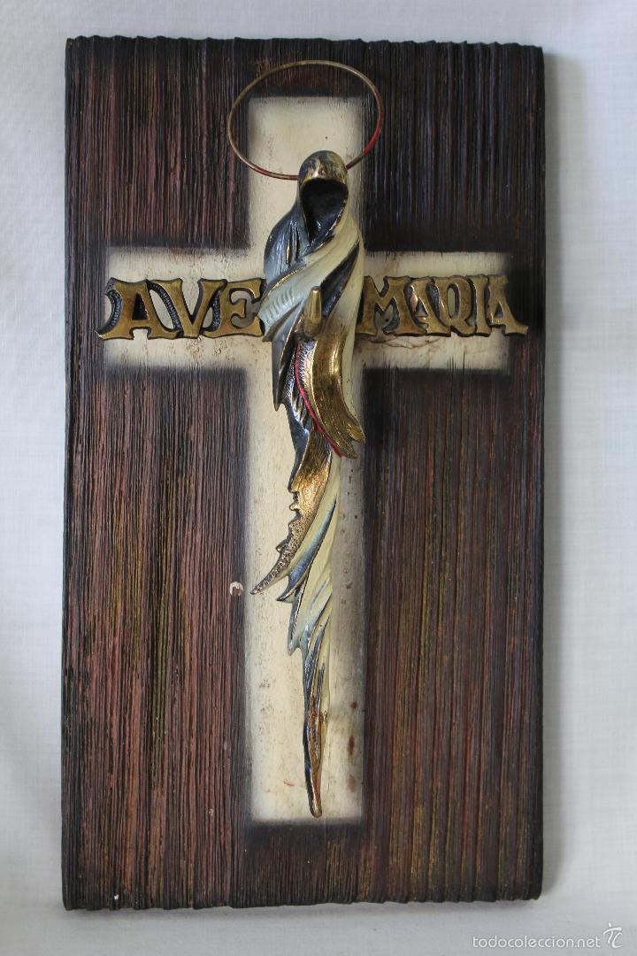 Antig&uuml;edades: cruz ave maria en bronce y madera - Foto 3