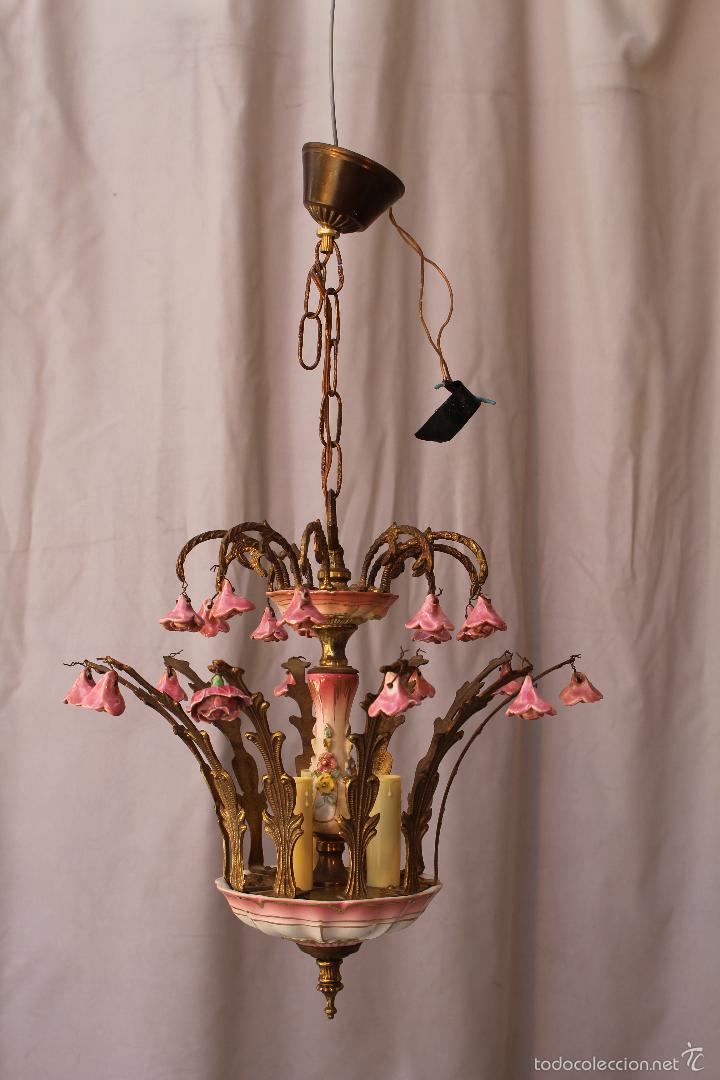 Antig&uuml;edades: lampara de techo en bronce y porcelana - Foto 2