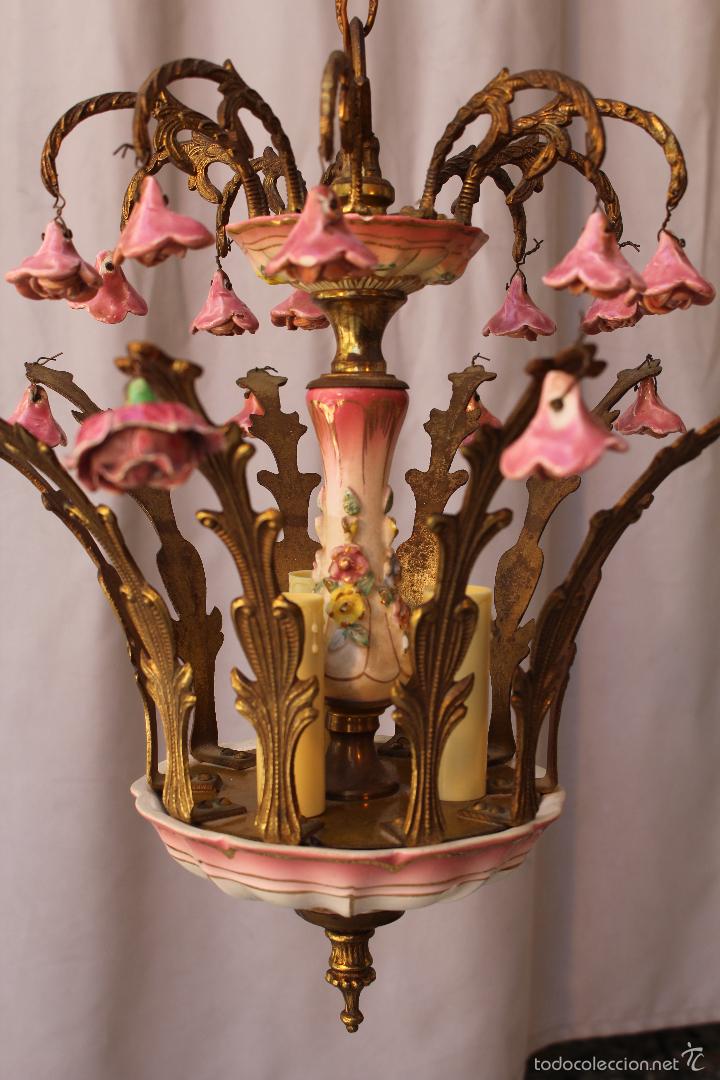 Antig&uuml;edades: lampara de techo en bronce y porcelana - Foto 5