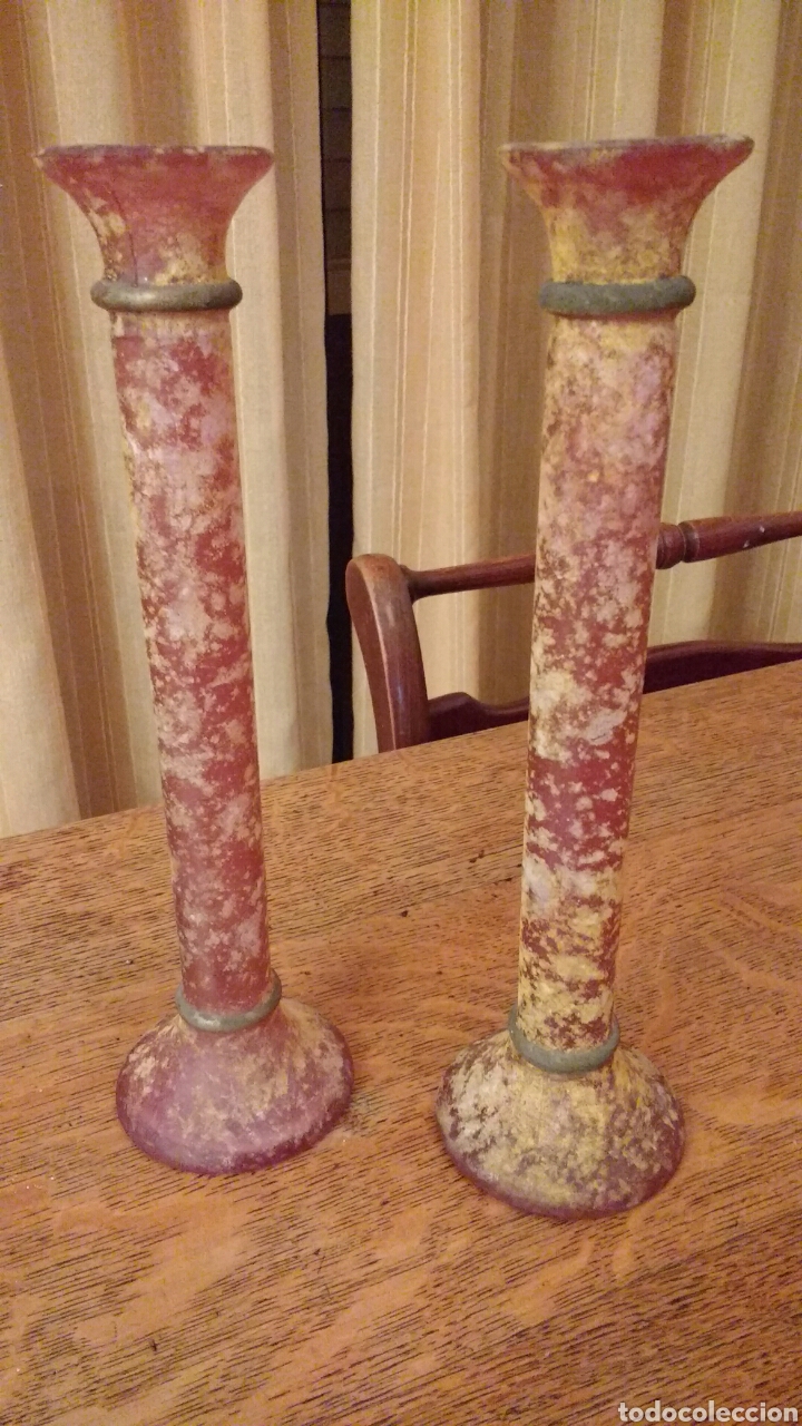 Antig&uuml;edades: Dos portavelas de cristal. 28 cms. - Foto 1