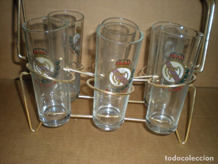 Oggetti Antichi: juego de seis vasos de tubo del real madrid sobre soporte met&aacute;lico  11x8x27cm