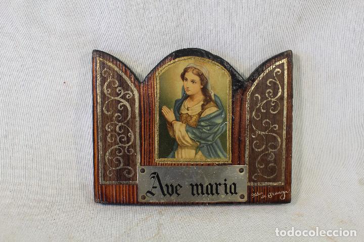 Antiques: ave maria en madera con lamina y dibujos a mano