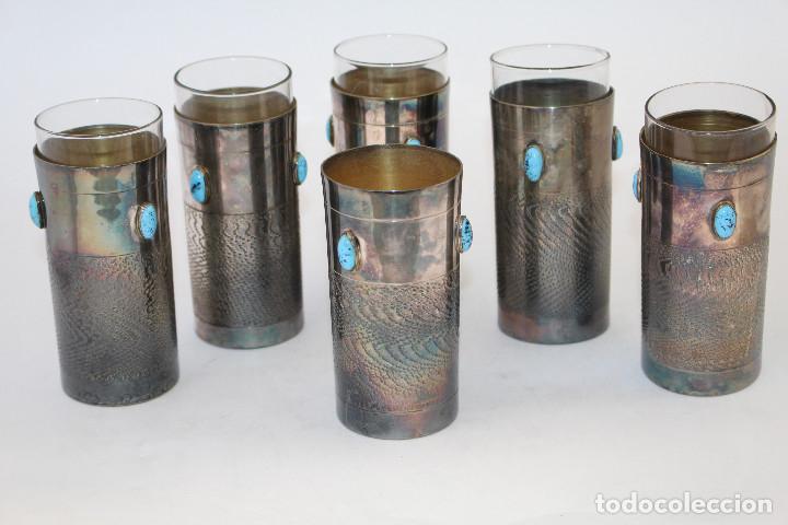 Antig&uuml;edades: 6 vasos plateados con turquesas - Foto 1