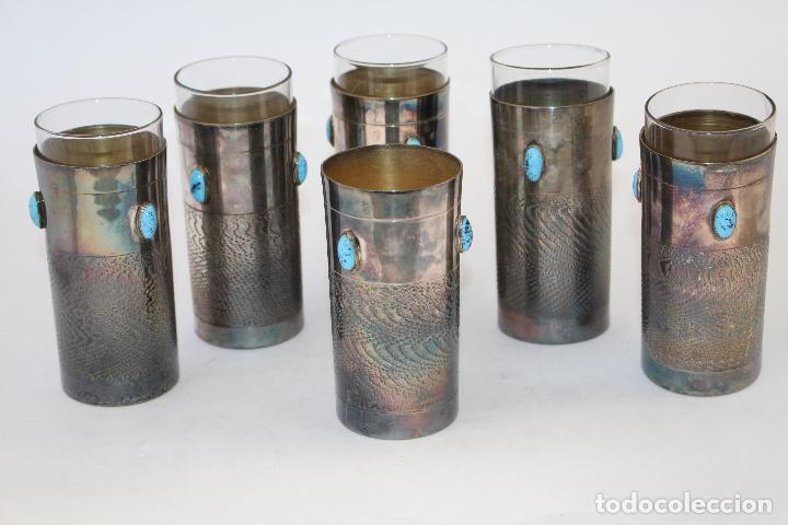Antig&uuml;edades: 6 vasos plateados con turquesas - Foto 4