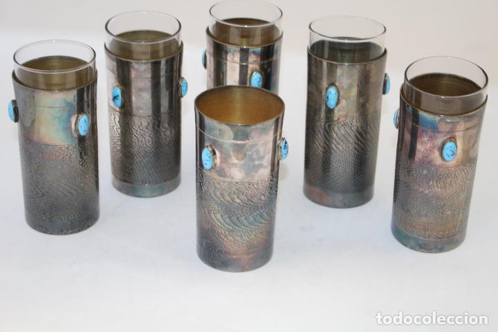 Antig&uuml;edades: 6 vasos plateados con turquesas - Foto 5
