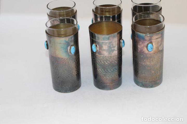 Antig&uuml;edades: 6 vasos plateados con turquesas - Foto 6