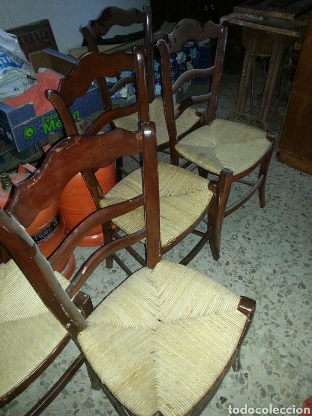 Antig&uuml;edades: 5 sillas de madera con asientos de anea - Foto 2