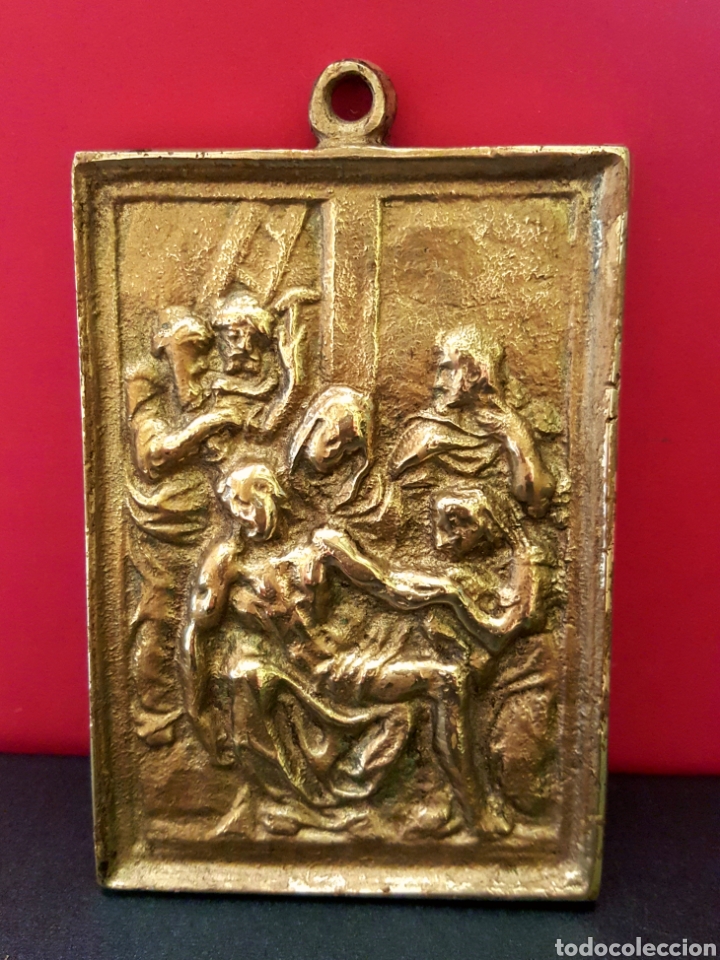 Antig&uuml;edades: El Descendimiento. Antigua e interesante placa devocional rectangular de bronce. S.XIX. - Foto 1