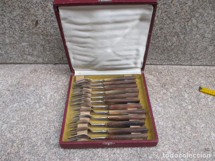 Antig&uuml;edades: CAJA CON DOCE TENEDORES POSTRE, ACERO INOX Y MANGOS DE ASTA - SIN USO, HACIA 1950/60.